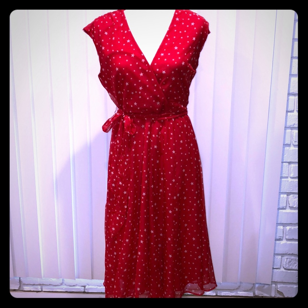 Amazing Red and White Star Print Wrap Style Dress